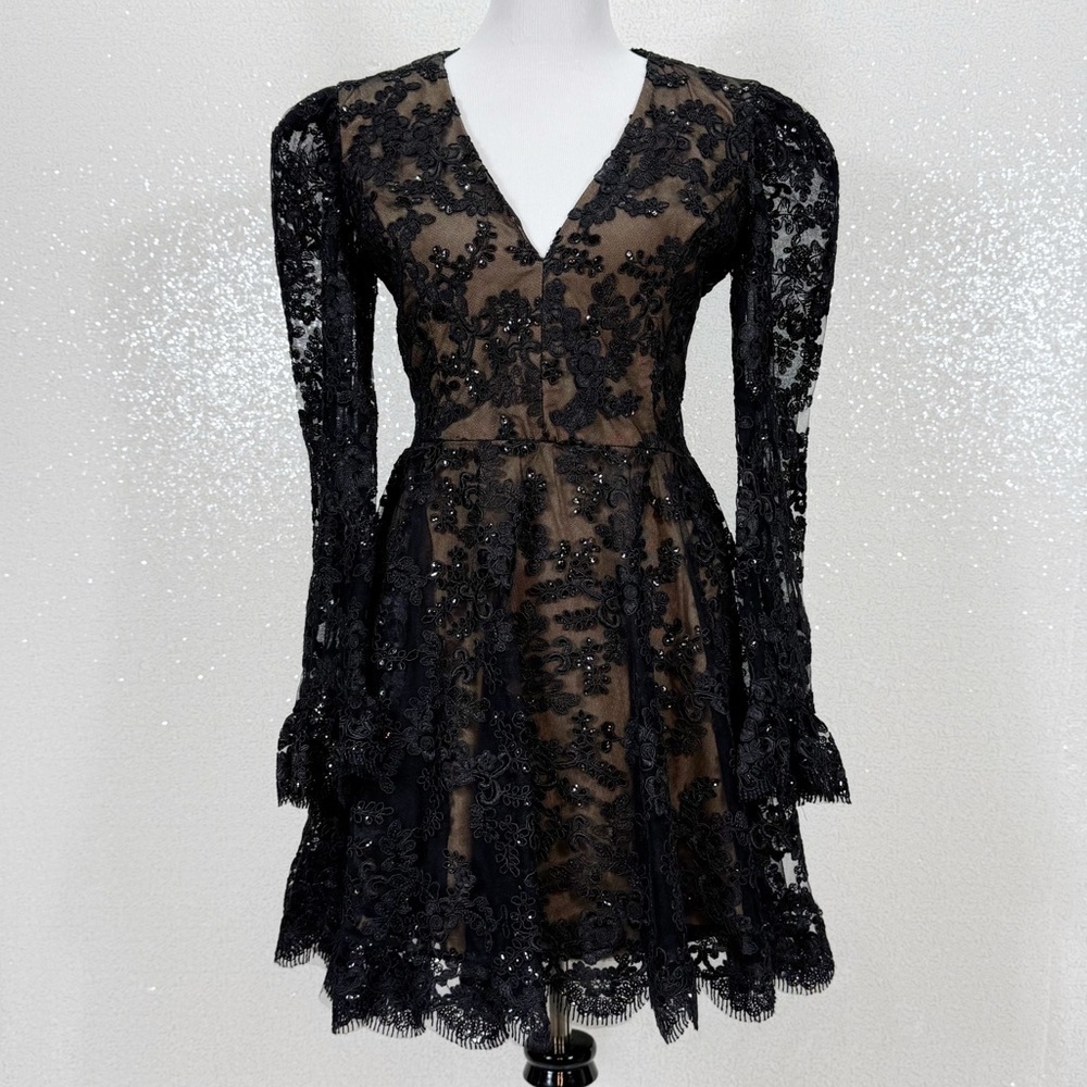 HELSI Lily Black Sequin Lace Nude Illusion Mini Dress Long Sleeve Deep V -Neck L